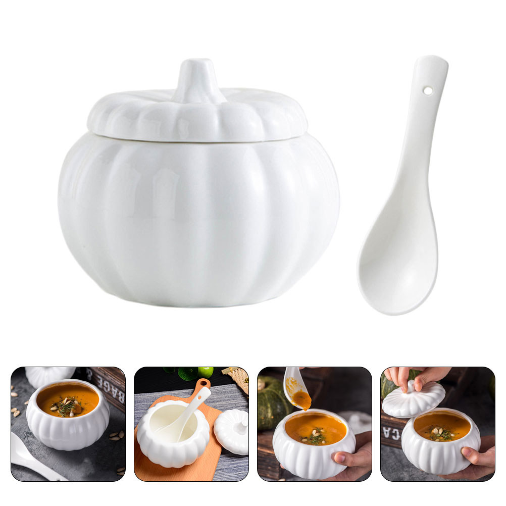 Kitchen Gadgets For Gifts - ชุดชามเซรามิกรูปฟักทองพร้อมฝาปิดสำหรับนึ่งซุป ข้าว ไข่ ซาลาเปา อุปกรณ์ครัวสร้างสรรค์ ของขวัญขึ้นบ้านใหม่